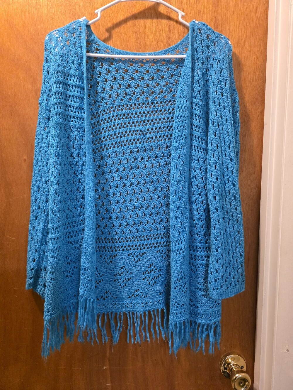 Open-Front Crochet Fringe Cardigan Sweater - Turquoise Blue